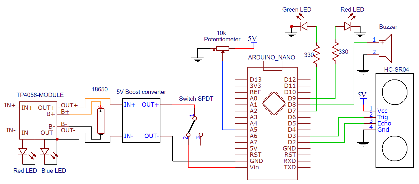 Портативный дальномер на Arduino Nano: HC-SR04, питание 18650, 3D-корпус