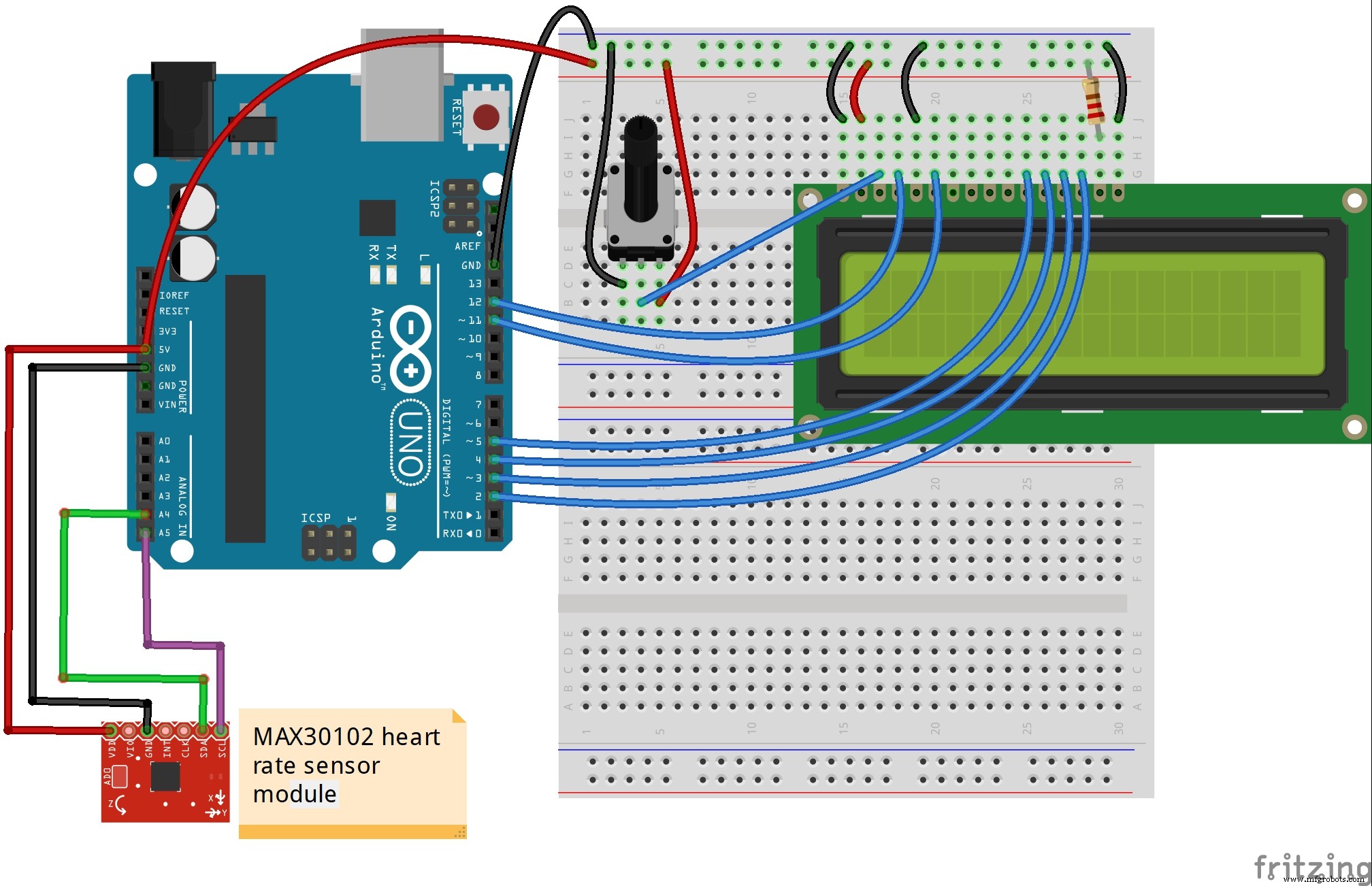 Монитор частоты сердца на MAX30102 с Arduino Nano и дисплеем 16x2